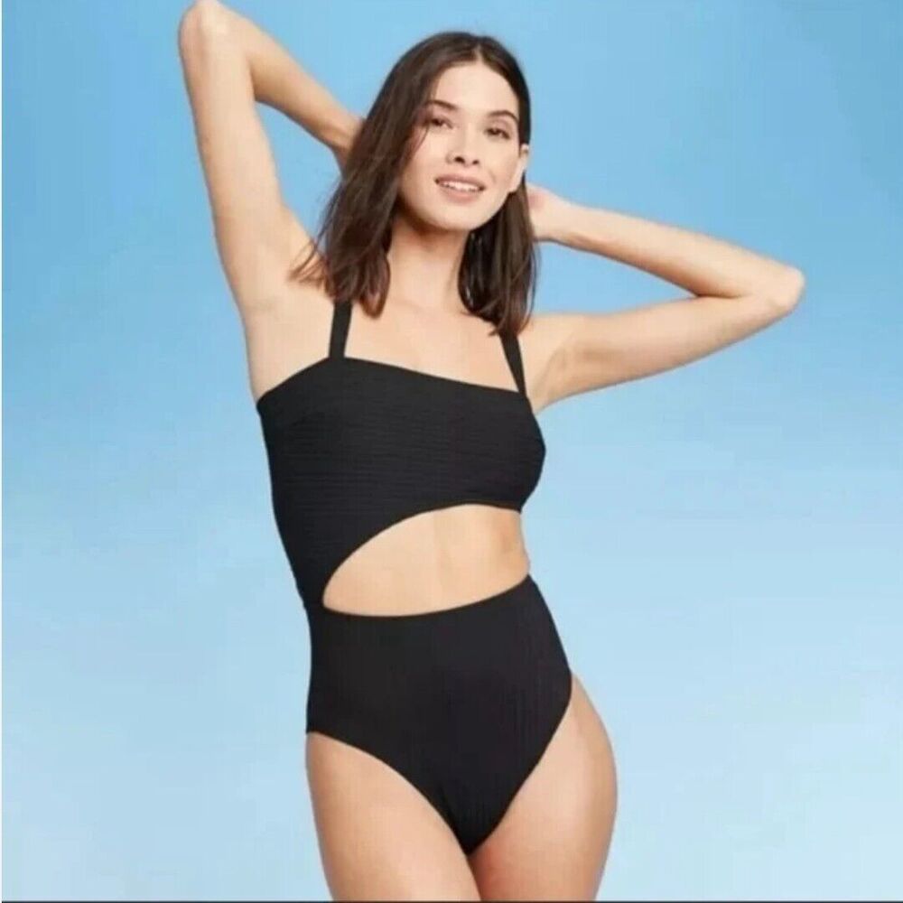 Shade & Shore Ribbed Cut Out One Piece Swimsuit Size L Large Black